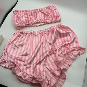 Pink White Striped Satin Pajama Set Women’s Small Ruffle Lounge Sleepwear 2Pc